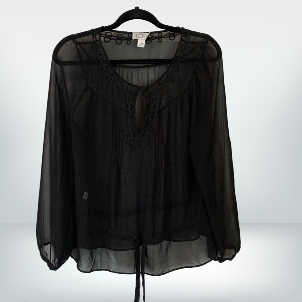 Ann Taylor LOFT Sheer Black Embroidered Blouse with Drawstring Waist, size 6